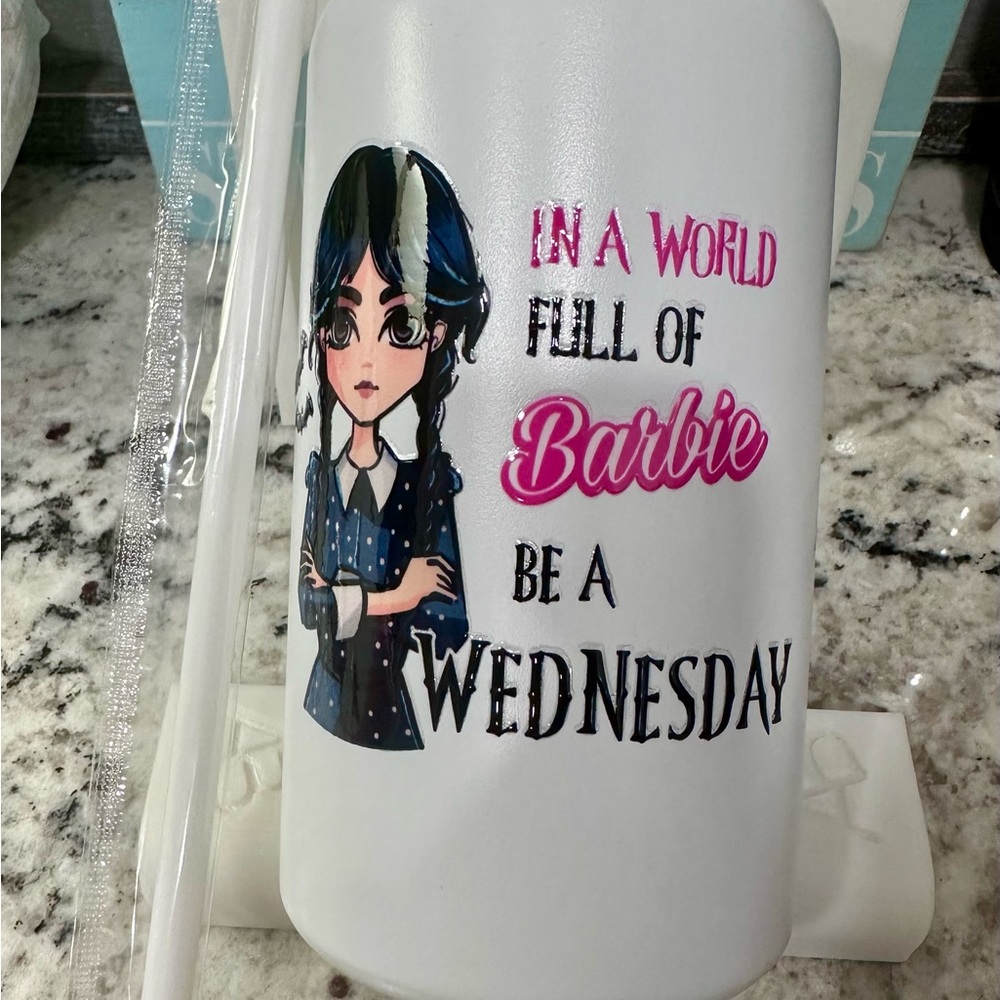 White Tumbler with Wednesday Addams Design